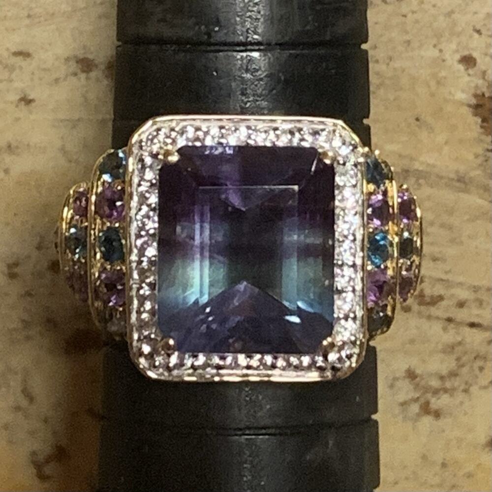 Chuck Clemency(STS) Rng Size 8 Bicolor Fluorite, White Topaz & Purp/Grn Fluorite